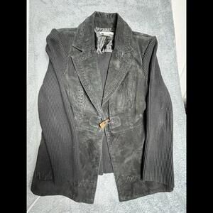 Peter Nygard Black Leather Knit Full Zip‎ Long Sleeve Sweater Jacket Women's Med